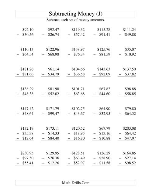 The Subtracting U.S. Money to $100 (J) Math Worksheet