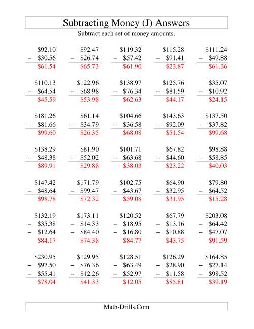 The Subtracting U.S. Money to $100 (J) Math Worksheet Page 2