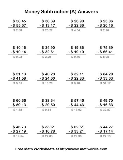 The Subtracting U.S. Money to $100 (Old) Math Worksheet Page 2