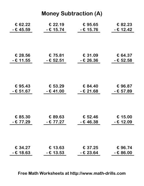 The Subtracting Euro Money to €100 (Old) Math Worksheet