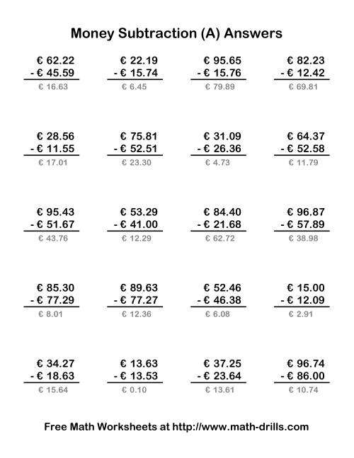 The Subtracting Euro Money to €100 (Old) Math Worksheet Page 2