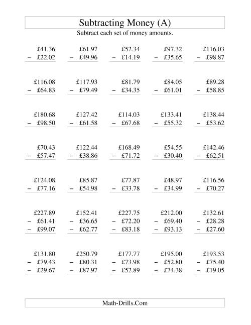 The Subtracting British Money to £100 (A) Math Worksheet