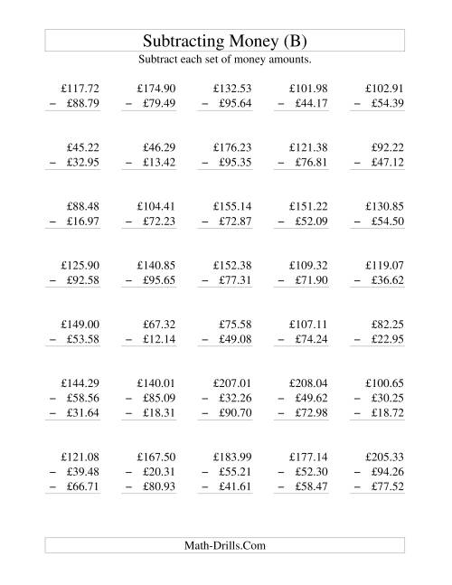 The Subtracting British Money to £100 (B) Math Worksheet