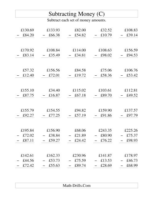 The Subtracting British Money to £100 (C) Math Worksheet