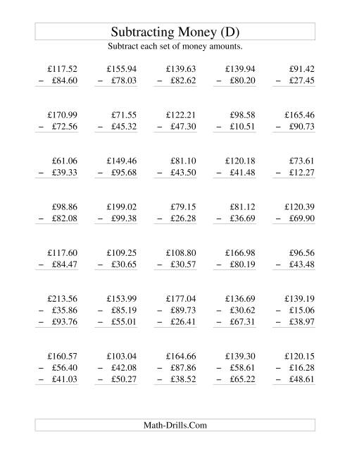 The Subtracting British Money to £100 (D) Math Worksheet