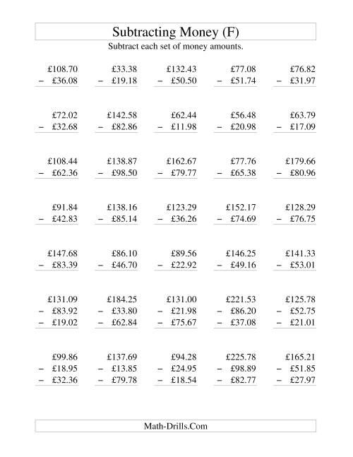 The Subtracting British Money to £100 (F) Math Worksheet