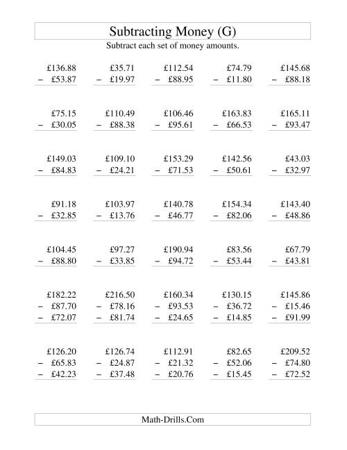 The Subtracting British Money to £100 (G) Math Worksheet