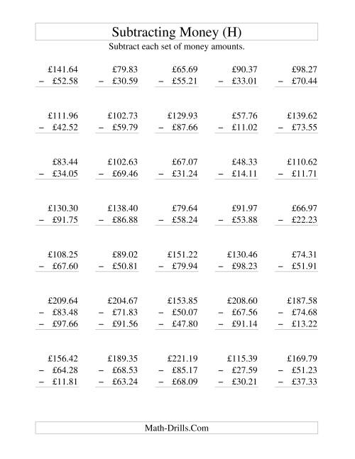 The Subtracting British Money to £100 (H) Math Worksheet