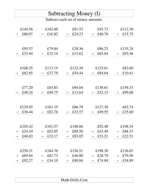 The Subtracting British Money to £100 (I) Math Worksheet