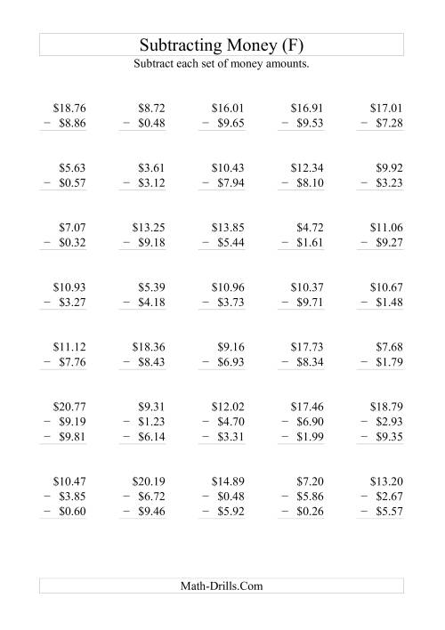 The Subtracting Australian Dollars (Max. sub. and diff. $10) (F) Math Worksheet