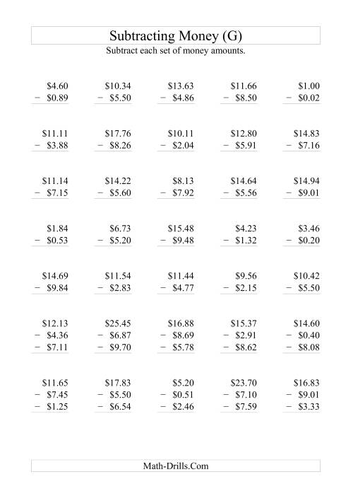 The Subtracting Australian Dollars (Max. sub. and diff. $10) (G) Math Worksheet
