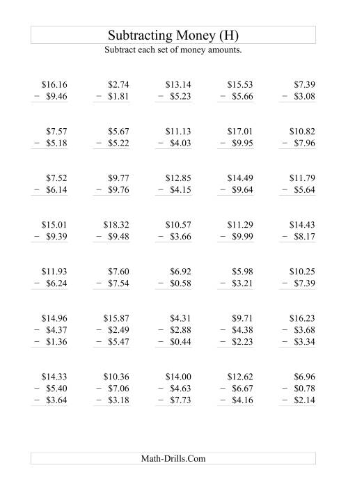 The Subtracting Australian Dollars (Max. sub. and diff. $10) (H) Math Worksheet