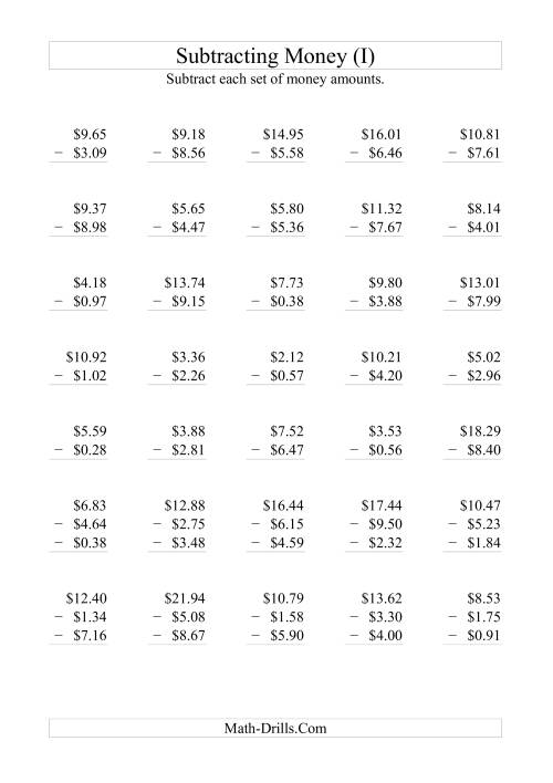 The Subtracting Australian Dollars (Max. sub. and diff. $10) (I) Math Worksheet