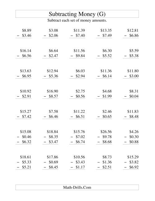 The Subtracting U.S. Money to $10 (G) Math Worksheet