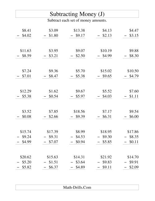 The Subtracting U.S. Money to $10 (J) Math Worksheet