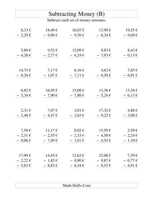 The Subtracting Euro Money to €10 (B) Math Worksheet