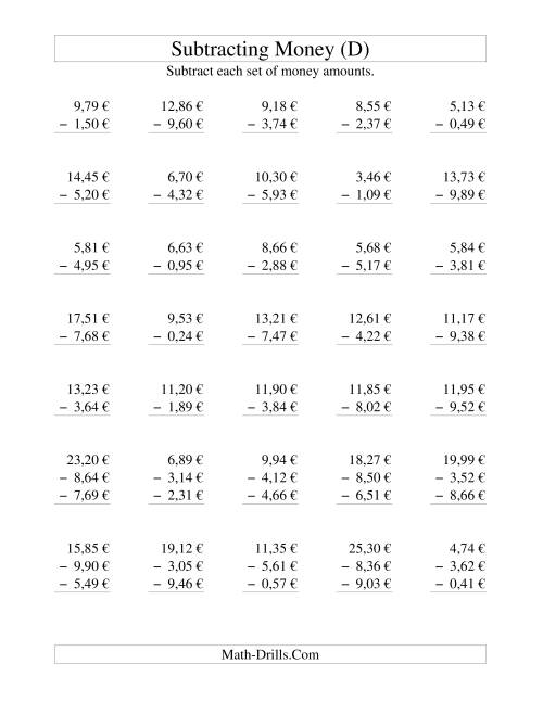 The Subtracting Euro Money to €10 (D) Math Worksheet