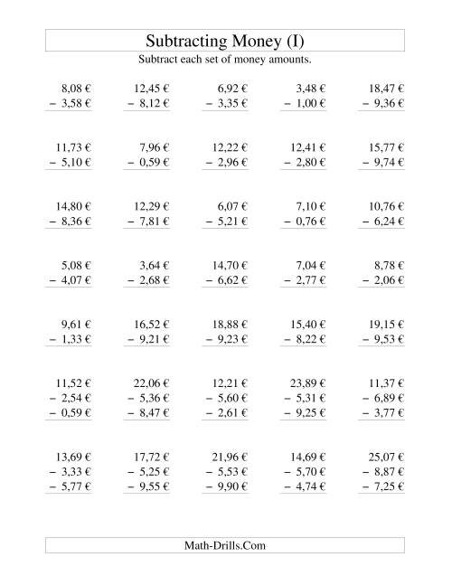 The Subtracting Euro Money to €10 (I) Math Worksheet
