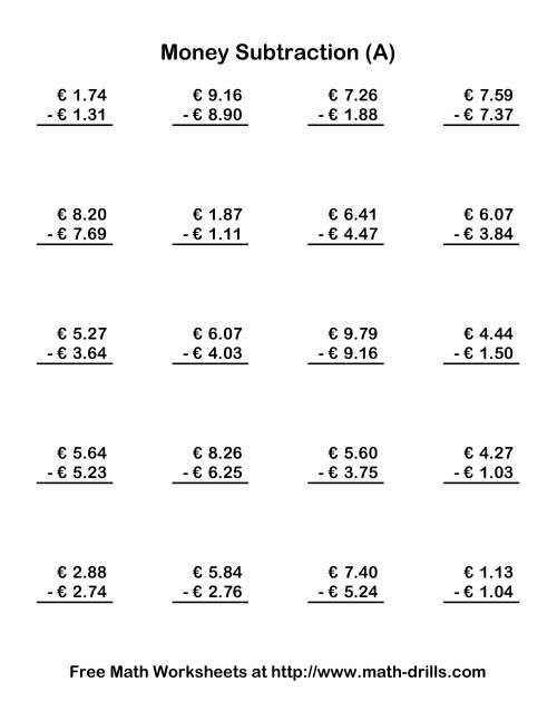 The Subtracting Euro Money to €10 (Old) Math Worksheet