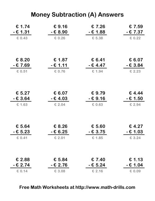 The Subtracting Euro Money to €10 (Old) Math Worksheet Page 2