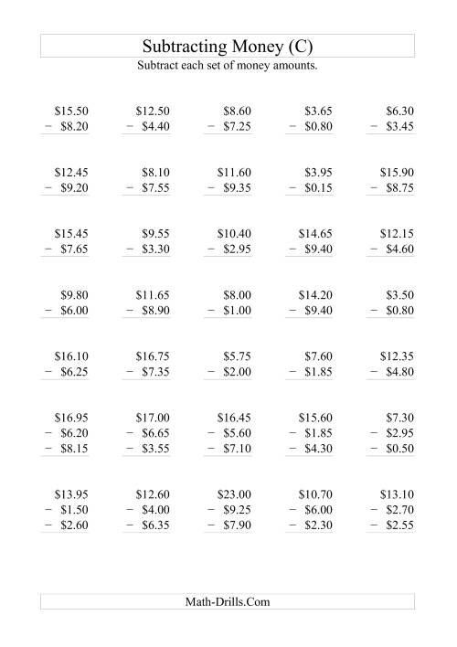 The Subtracting Australian Dollars (Increments of 5 cents) (C) Math Worksheet