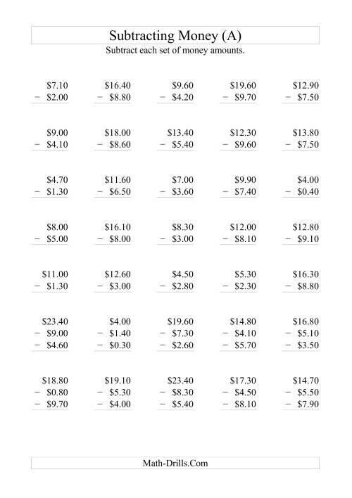The Subtracting Australian Dollars (Increments of 10 cents) (A) Math Worksheet