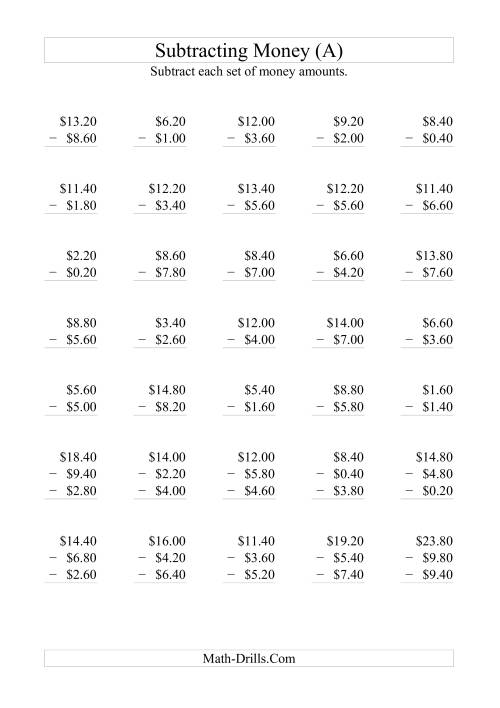 The Subtracting Australian Dollars (Increments of 20 cents) (A) Math Worksheet