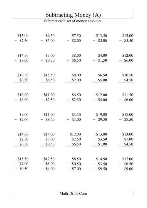 The Subtracting Australian Dollars (Increments of 50 cents) (A) Math Worksheet