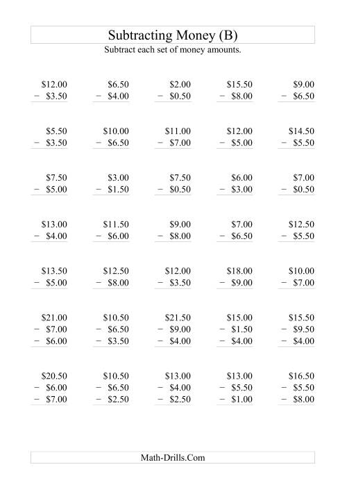 The Subtracting Australian Dollars (Increments of 50 cents) (B) Math Worksheet