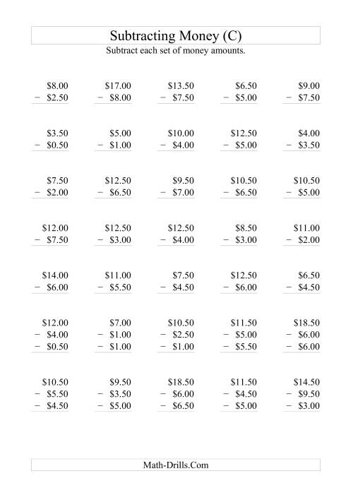 The Subtracting Australian Dollars (Increments of 50 cents) (C) Math Worksheet