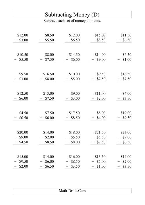 The Subtracting Australian Dollars (Increments of 50 cents) (D) Math Worksheet
