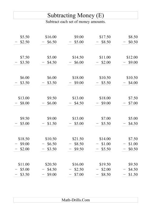 The Subtracting Australian Dollars (Increments of 50 cents) (E) Math Worksheet