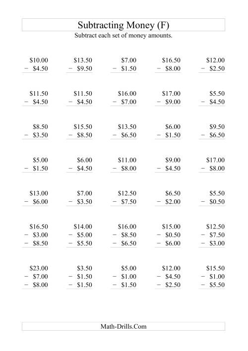 The Subtracting Australian Dollars (Increments of 50 cents) (F) Math Worksheet