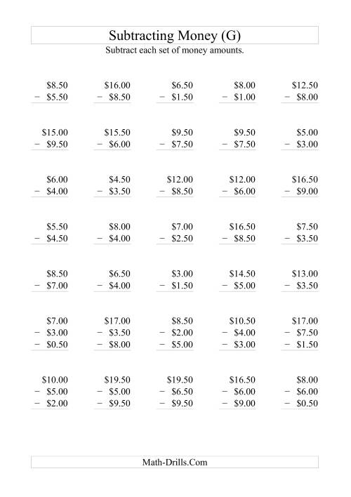 The Subtracting Australian Dollars (Increments of 50 cents) (G) Math Worksheet