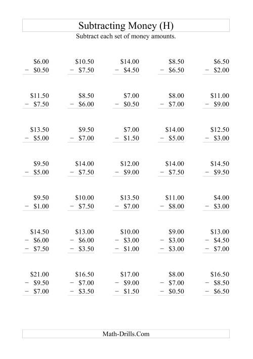 The Subtracting Australian Dollars (Increments of 50 cents) (H) Math Worksheet