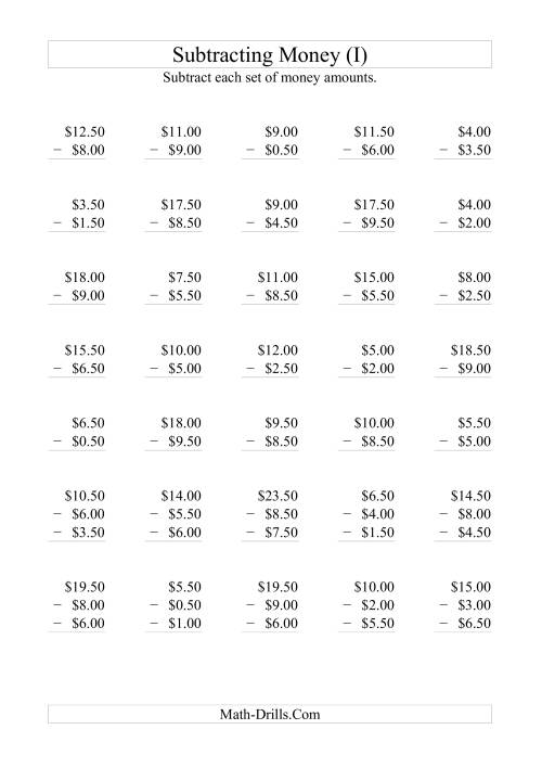 The Subtracting Australian Dollars (Increments of 50 cents) (I) Math Worksheet