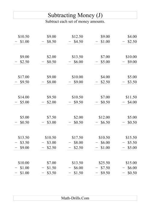 The Subtracting Australian Dollars (Increments of 50 cents) (J) Math Worksheet