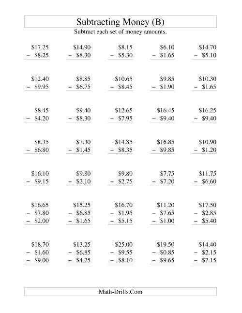 The Subtracting U.S. Money to $10 -- Increments of 5 Cents (B) Math Worksheet