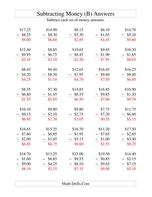 The Subtracting U.S. Money to $10 -- Increments of 5 Cents (B) Math Worksheet Page 2