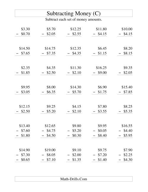 The Subtracting U.S. Money to $10 -- Increments of 5 Cents (C) Math Worksheet