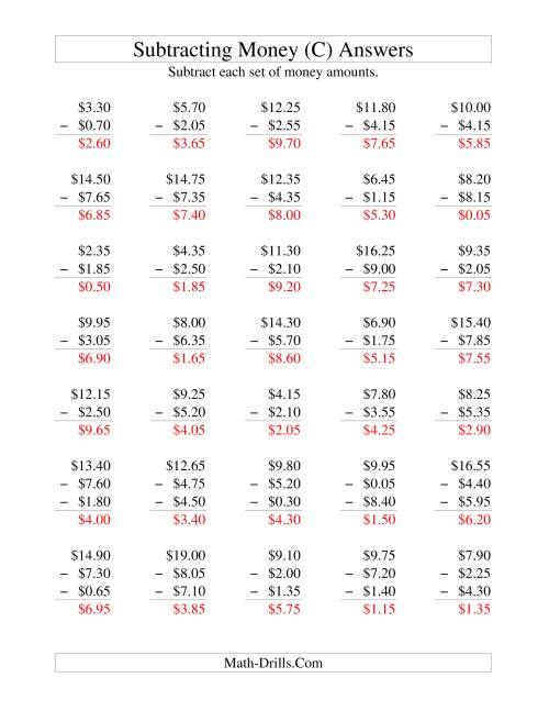 The Subtracting U.S. Money to $10 -- Increments of 5 Cents (C) Math Worksheet Page 2