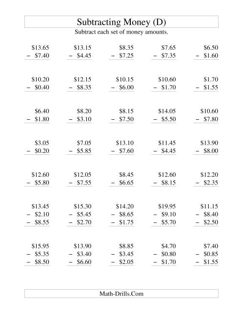 The Subtracting U.S. Money to $10 -- Increments of 5 Cents (D) Math Worksheet