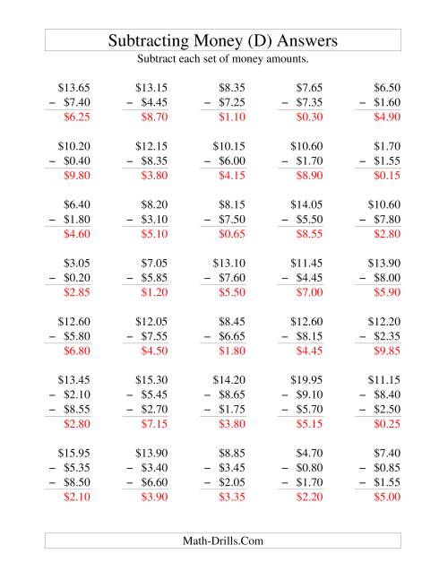 The Subtracting U.S. Money to $10 -- Increments of 5 Cents (D) Math Worksheet Page 2