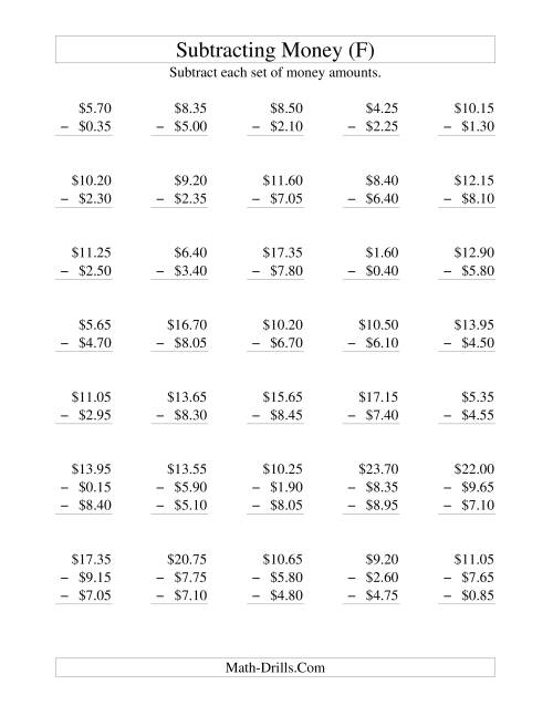 The Subtracting U.S. Money to $10 -- Increments of 5 Cents (F) Math Worksheet