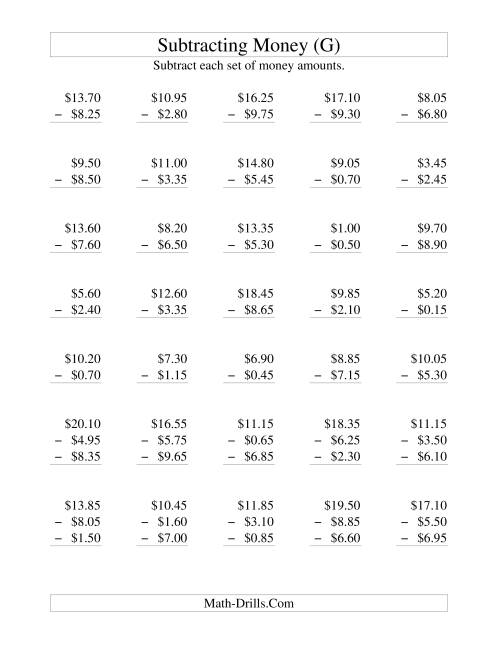 The Subtracting U.S. Money to $10 -- Increments of 5 Cents (G) Math Worksheet