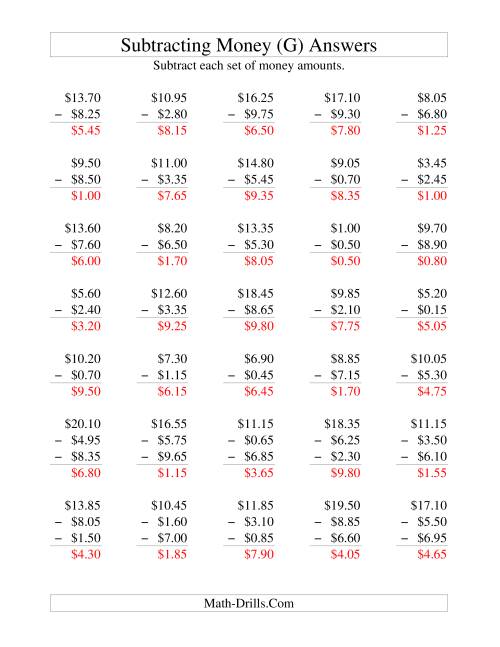 The Subtracting U.S. Money to $10 -- Increments of 5 Cents (G) Math Worksheet Page 2