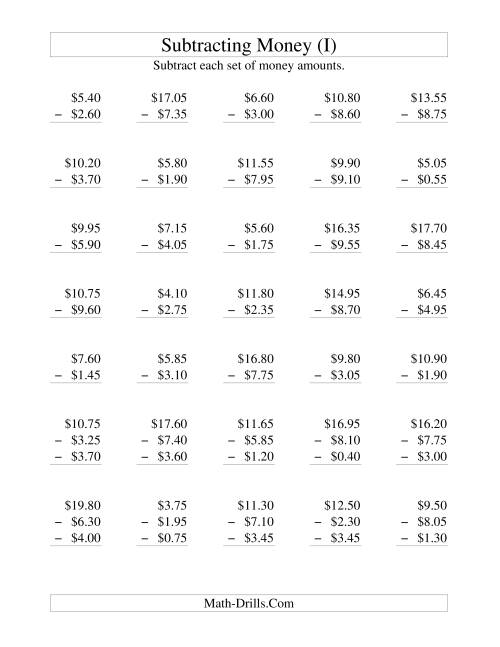The Subtracting U.S. Money to $10 -- Increments of 5 Cents (I) Math Worksheet