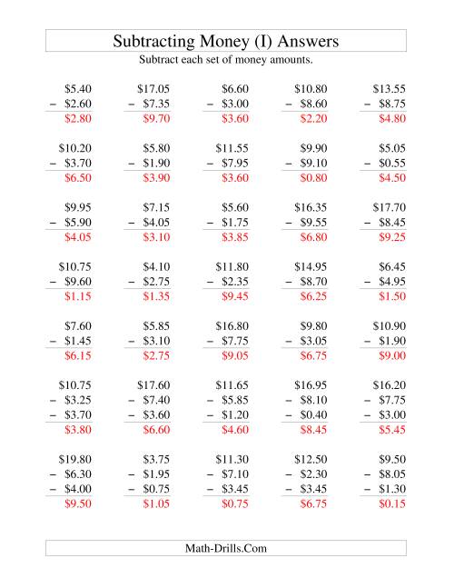 The Subtracting U.S. Money to $10 -- Increments of 5 Cents (I) Math Worksheet Page 2