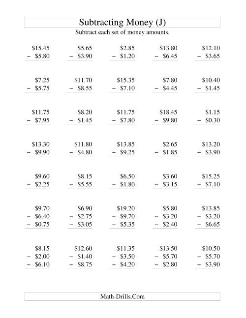 The Subtracting U.S. Money to $10 -- Increments of 5 Cents (J) Math Worksheet