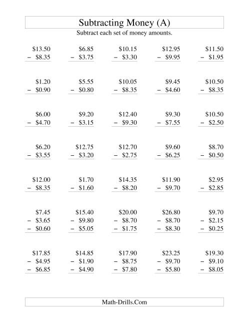 The Subtracting U.S. Money to $10 -- Increments of 5 Cents (All) Math Worksheet